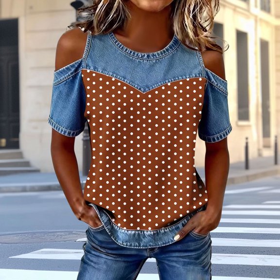 QUNYINEY Womens Tshirts Short Sleeve Cold Shoulder Summer Polka Dot Graphic Tees Pullover Cute Crew Neck Casual Relaxed Fit Tops