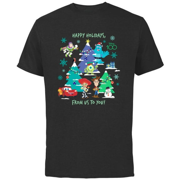 Disney 100 and Pixar Christmas Happy Holidays from Us to You - Short Sleeve Cotton T-Shirt for Adults - Customized-Black