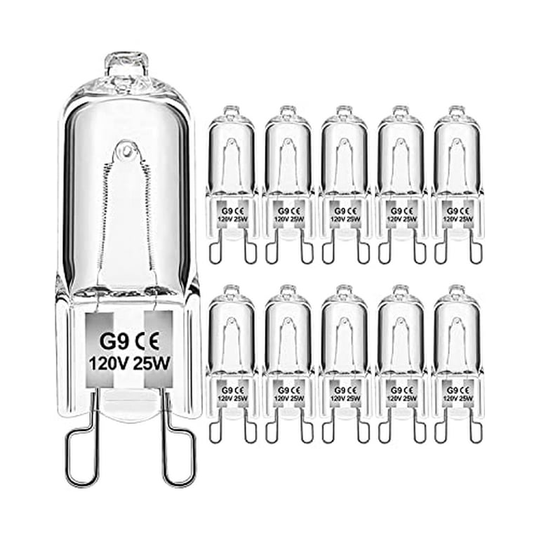 Jaenmsa G9 Halogen Bulbs, 12 Pack 25 120V G9 2 Pin Base JCD Type, Dimmable T4 Bi-Pin Xenon Small Light Bulb for Range Hood Light, Microwave Oven, Bathroom Light