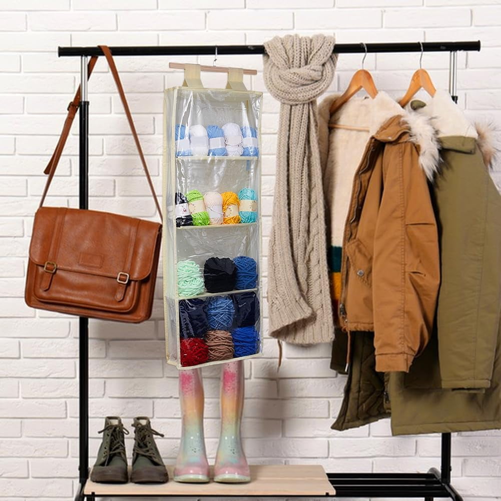 Hanging Yarn Storage with 4 Large Clear Pockets Beige Knitting Organizer Storage with Zipper Closure Yarn Display Holder Over The Door
