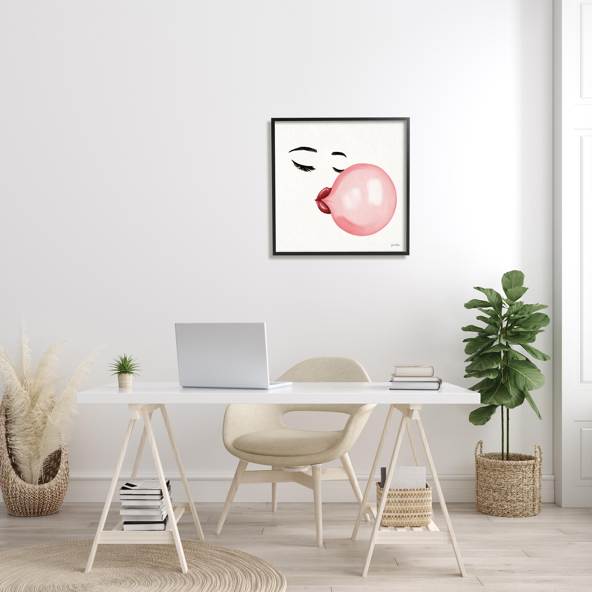 Stupell Industries Glamorous Face Blowing Bubble Gum Bold Lips Glam Painting Black Framed Art Print Wall Art, 24 x 24, Design by Janelle Penner