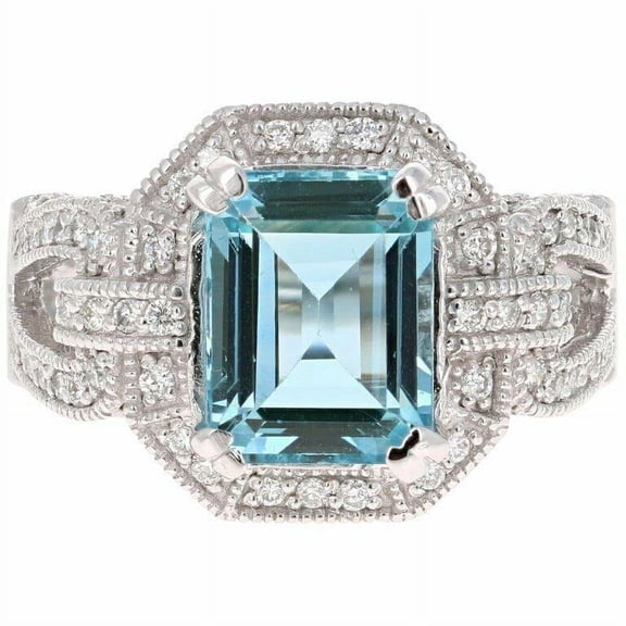 HeartsAndYou 4ct Natural Aquamarine & Diamond Ring Art Deco Cluster 100% 14k SOLID White Gold