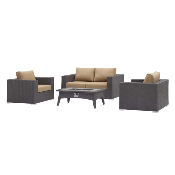 Contemporary Modern Urban Designer Outdoor Patio Balcony Garden Furniture Lounge Sofa, Chair and Coffee Table Fire Pit Set, Fabric Rattan Wicker, Light Brown