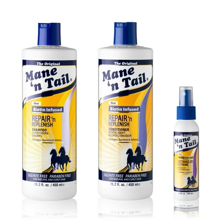 Mane ’n Tail Repair ’n Replenish Shampoo & Conditioner (15.2 oz Each) + Extreme Detangler (3.4 oz) – Sulfate-Free, Curl Defining & Nourishing System for Natural & Curly Hair