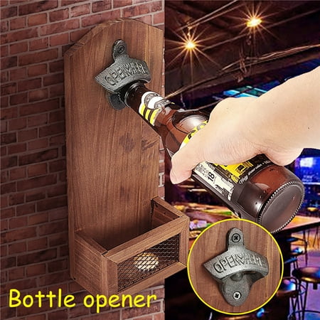 

Kuphy Vintage Wall Mounted Bottle Opener Wooden Retro Metal Cap Catcher Bar Indoor Vintage Beer Bottle Opener with Magnetic Cap Catcher Bar Accessories for Home/Patio/Garage