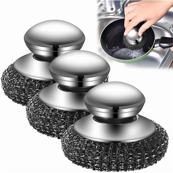 NOGIS 3 Pack Stainless Steel Wool Scrubber with Handle, Dish Scrubbers, Cleaning Brush for Heavy Duty Pots, Pans, Grills, Sink