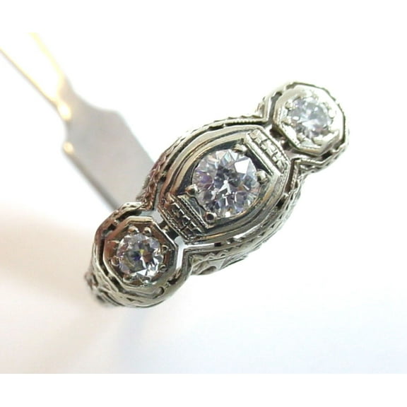 Three Stone Art Deco Promise Anniversary Ring, Women's Filigree Engagement Dinner Ring For Her, 1.8 Ct Round Brilliant Cut Simulated Diamond, 14K White Gold Plated, Vintage proposal Wedding Ring