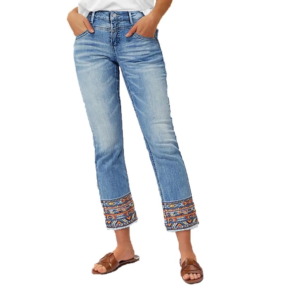 Women's Cropped Flare Jeans with Tribal Embroidery & Frayed Hem, Stretch Denim for Casual Boho Style