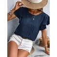 thumbnail image 5 of Womens Summer Ruffle Short Sleeve Crewneck Shirts Textured Ladies Elegant Business Blouses Dressy Casual Sea Blue XL, 5 of 6