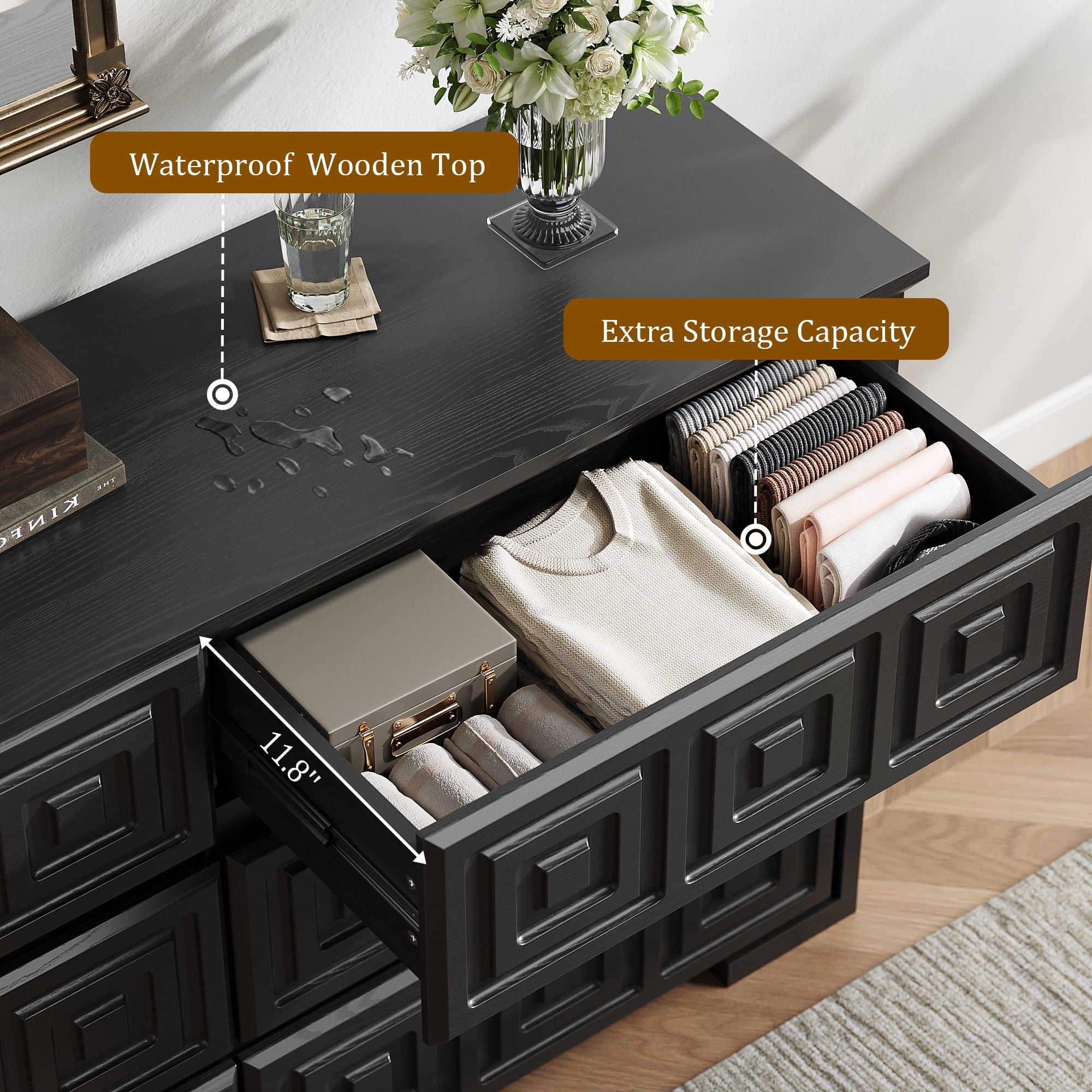 Laintene Farmhouse Dressers for Bedroom, 54" Wide 6 Drawer Dresser with Carved Panel Design, Large Storage Chest of Drawers for Bedroom, Living Room, Black