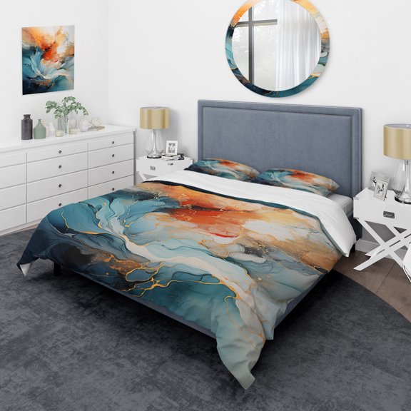 Designart "Teal Orange Bold Abstract Flow composition II" Abstract Collages Bedding Covert Set - Dams Teal Abstract Bed Set With 2 Shams