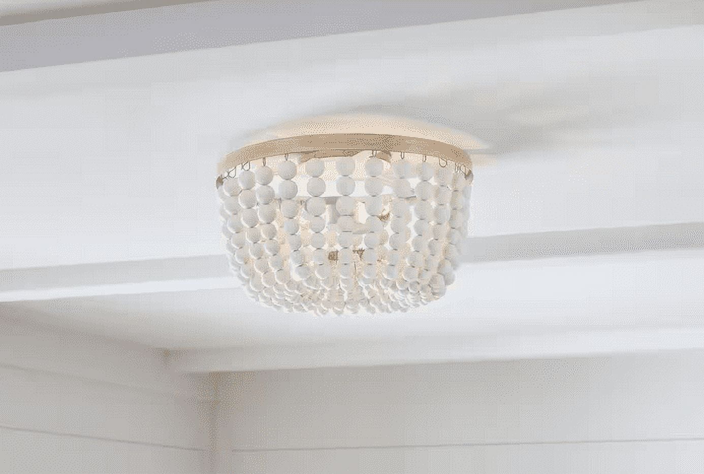 Cayman 13 in. 2-Light White and Faux Wood Beaded Flush Mount Ceiling Light Fixture with White Beaded Shade