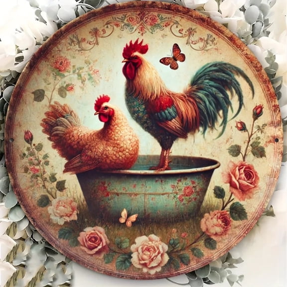 HELLOYOUNG Farmhouse Rooster Hen Sign, Rustic Round Iron Wall Decor, Country Style Art for Kitchen Bathroom