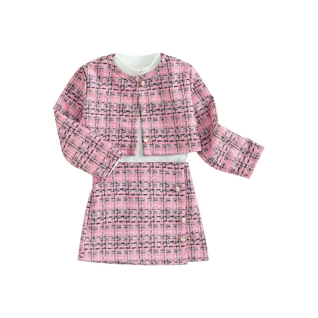 Faithtur Girls Skirt Outfits Solid Color Ribbed Tops Plaid Button Coat and Mini Skirt Set 3 Piece Autumn Clothes for Party