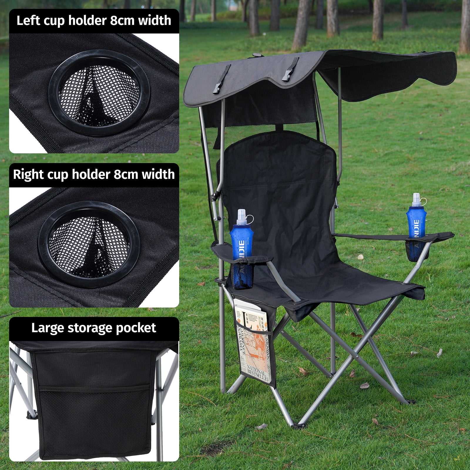 VTOY Folding Chair with Canopy Portable Chair with Shade for Outside Beach Chairs for Adults Chair with Shade Canopy Camping Chairs for Outdoors(Black)