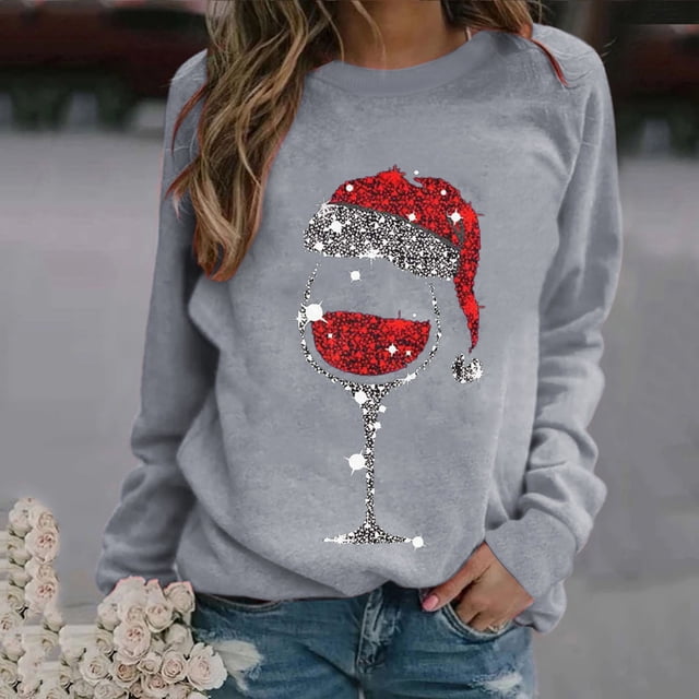 Amzcrzy Chandail de Noël pour Femmes, Mode, Impression de Verre de Vin Rouge, Hauts à Manches Longues pour Femmes, Décontractés, Confortables, Col Rond, Chandails d'Automne pour Femmes