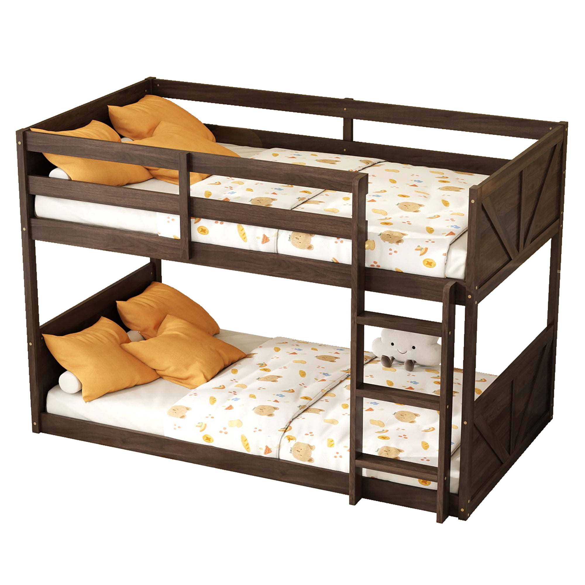 Alvantor Twin Over Twin Bunk Bed, Wooden Low Bunk Bed with Full-Length Guardrails and Ladder, Space-Saving Bed Frame for Kids, Antique Oak
