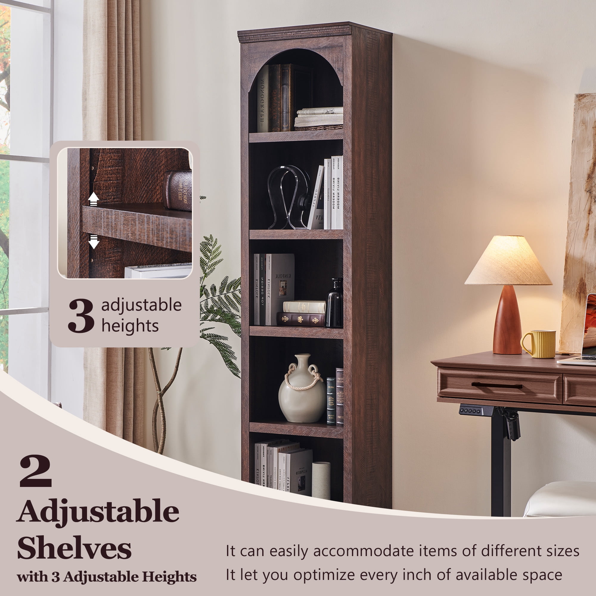 SinCiDo Tall Arched Bookcase, 5-Tier Narrow Bookshelf with Open Display Shelves for Living Room, Brown