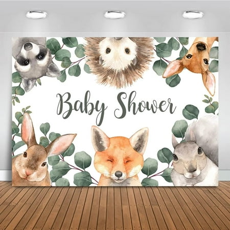 Image of Woodland Baby Shower Backdrop Boy Greenery Baby Shower Background Woodland Animals Baby Shower Party Cake Table Decoration Banner Photo Booth Props (7x5ft)