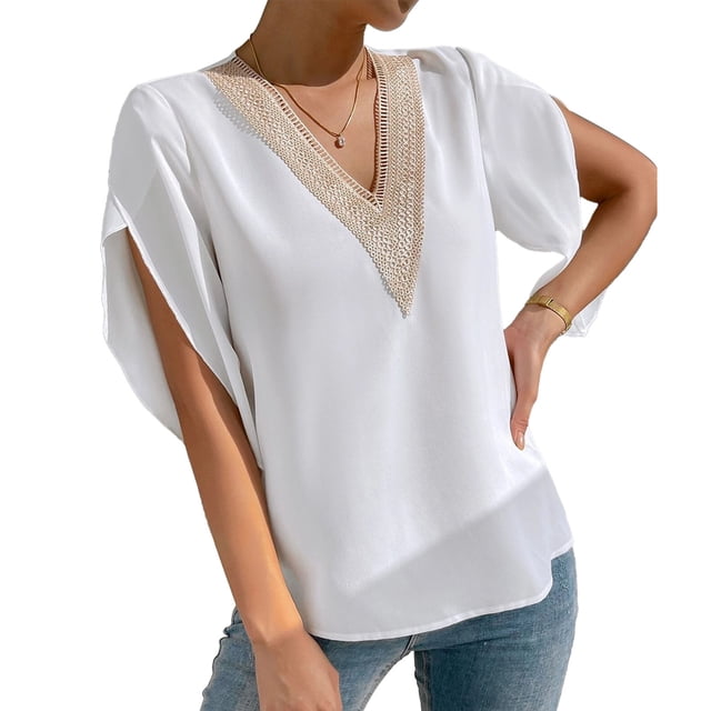 Blusa con manga de pétalo Top Guipur Encaje Cuello en V Blusa de manga corta con pétalos para verano Primavera Blanco M