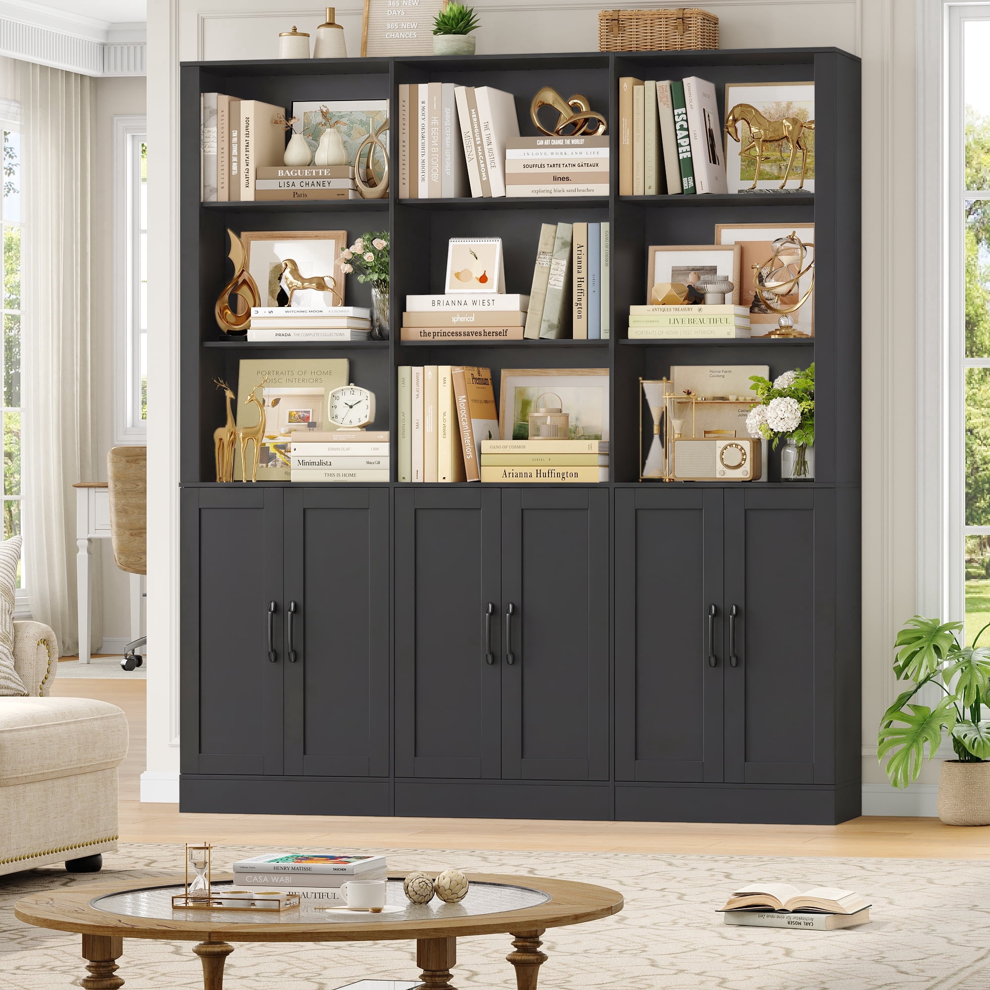 Homfa 70″ Tall Bookshelf and Bookcase with Cabinets, 63'' Wide Triple Row Display Shelves, 15 Cubes 5-Tiers Large Bookcase for Living Room Home Office, Black