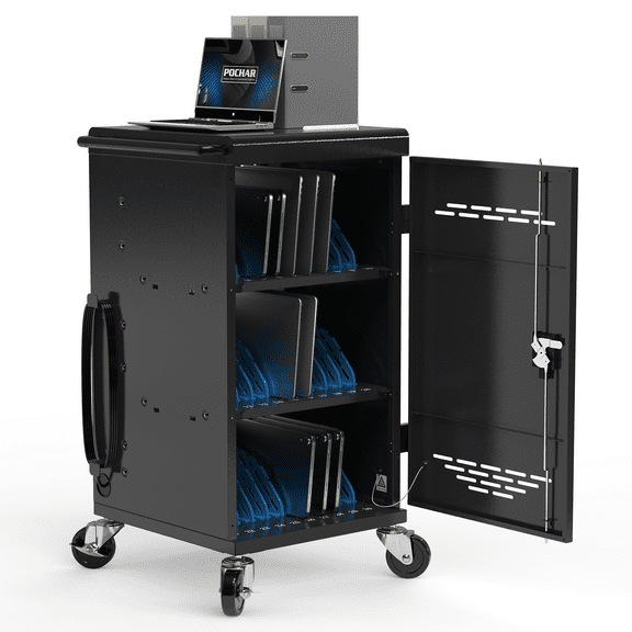 POCHAR 30 Device Charging Station for Chromebook,  iPad, 14'' Laptop, Office and Classroom Charging Cart with Charger Cable Management, Circuit Breaker, Grounding Protection, Assembly Required