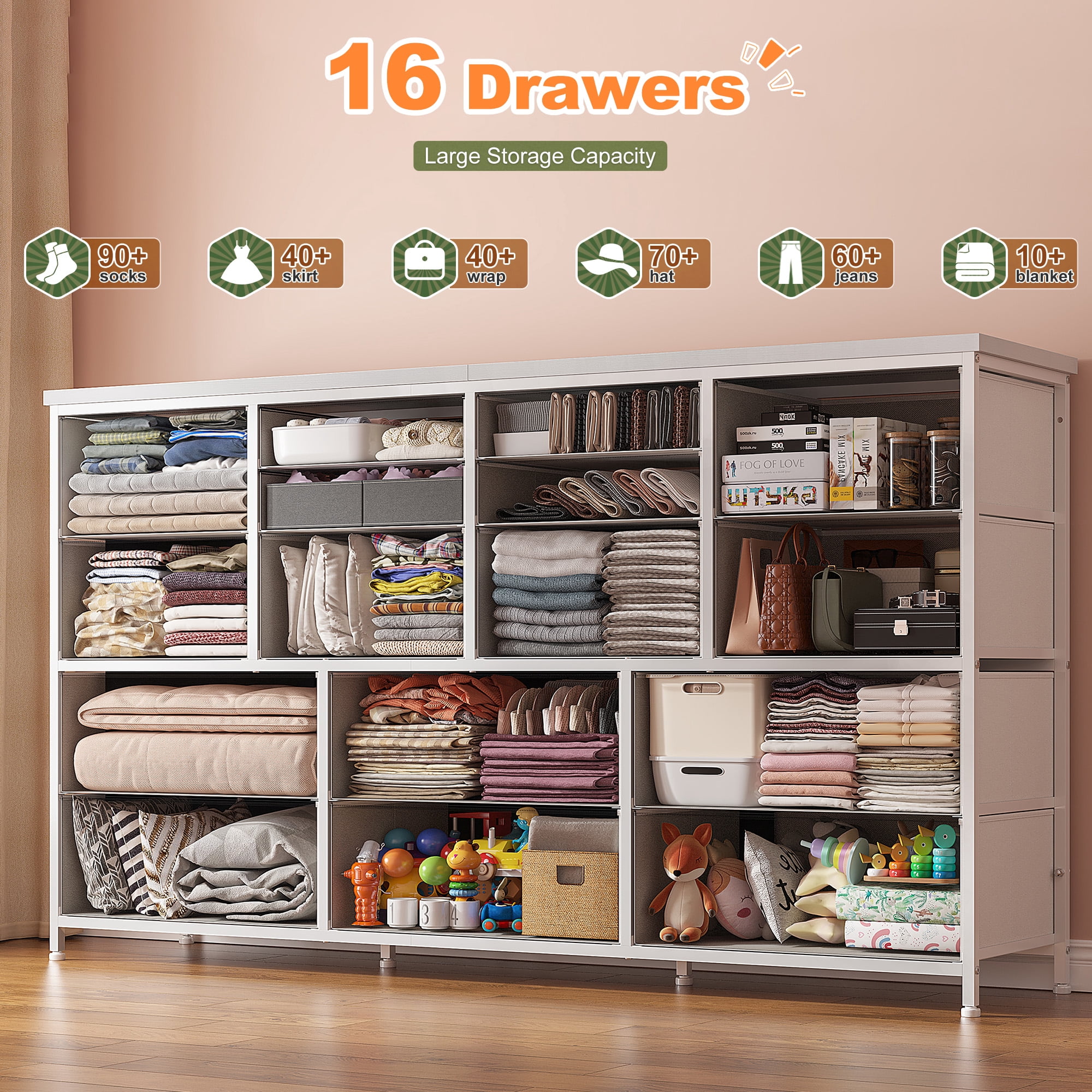 Romorgniz White Dresser for Bedroom with 16 Drawers for Closet Fabric Dressers & Chests of Drawers TV Stand with Charging Station