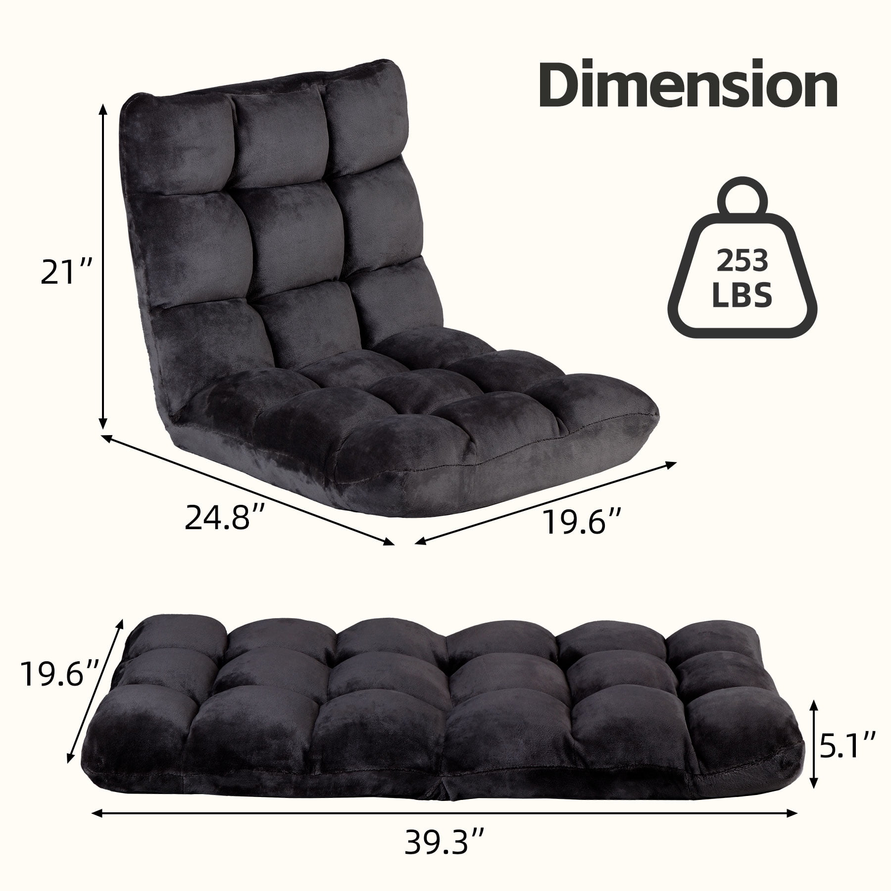 HomGarden 14-Position Adjustable Floor Chair Padded Folding Gaming Sofa Chair Black