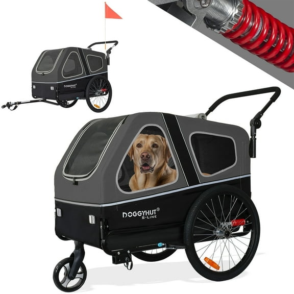DOGGYHUT S-Line XL Pet Bike Trailer & Stroller for Dogs Up to 100 lbs,Folding Frame Cart, Suspension Wheels,Low Center of Gravity, Parking Brakes
