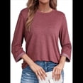 thumbnail image 3 of Camisas de Mujer, Camisetas de Moda con Mangas 3/4, Lindas Blusas Casuales de Cuello Redondo, Blusas Básicas Rojo L, 3 of 6