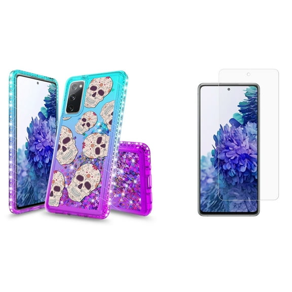 Bemz Liquid Quicksand Case for Samsung Galaxy S20 FE (with 2 Pack of Tempered Glass Screen Protectors and Touch Tool) - Sugar Skulls (Teal/Purple)