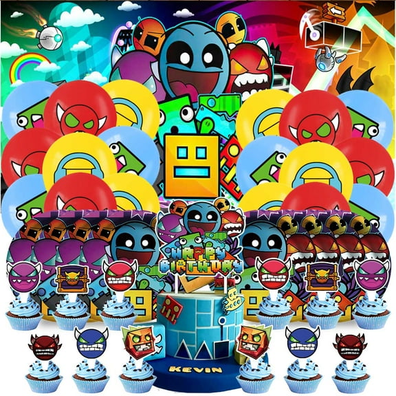 Geometry Dash Birthday Party Supplies Balloons Plates Decoration Cake Topper Decor Tableware Banner Backdrop