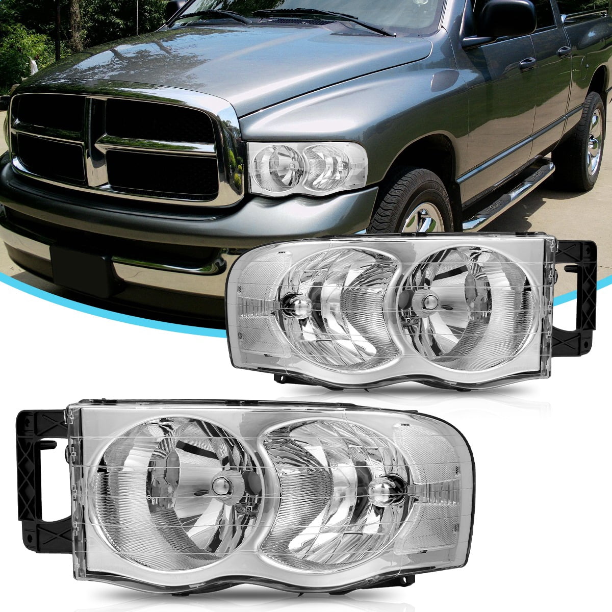 RVNI Headlights For 2002-2005 Dodge Ram 1500 2500 3500 Chrome Housing Headlamps Pair