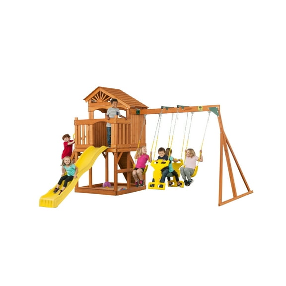 Creative Cedar Designs Timber Valley Wooden Playset with Wooden Roof, Glider Swing, Sandbox, Climbing Wall, Ladder, Slide & Belt Swings