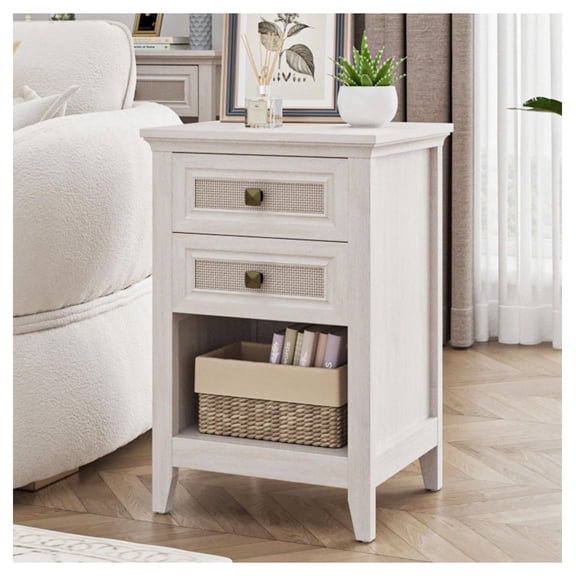 Farmhouse Nightstand with Rattan Drawers, Boho Bedside Table, Grayish White End Table with Shelf, Bedroom Living Room Wood Unit