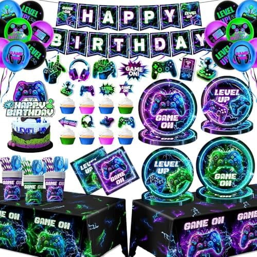 Video Game Birthday Decorations Tableware,193pcs Gaming Birthday Party Decorations Plates and Napkin Cups Tablecloth Cake Topper Balloon for Boy Gamer Party Decorations,Serve 24