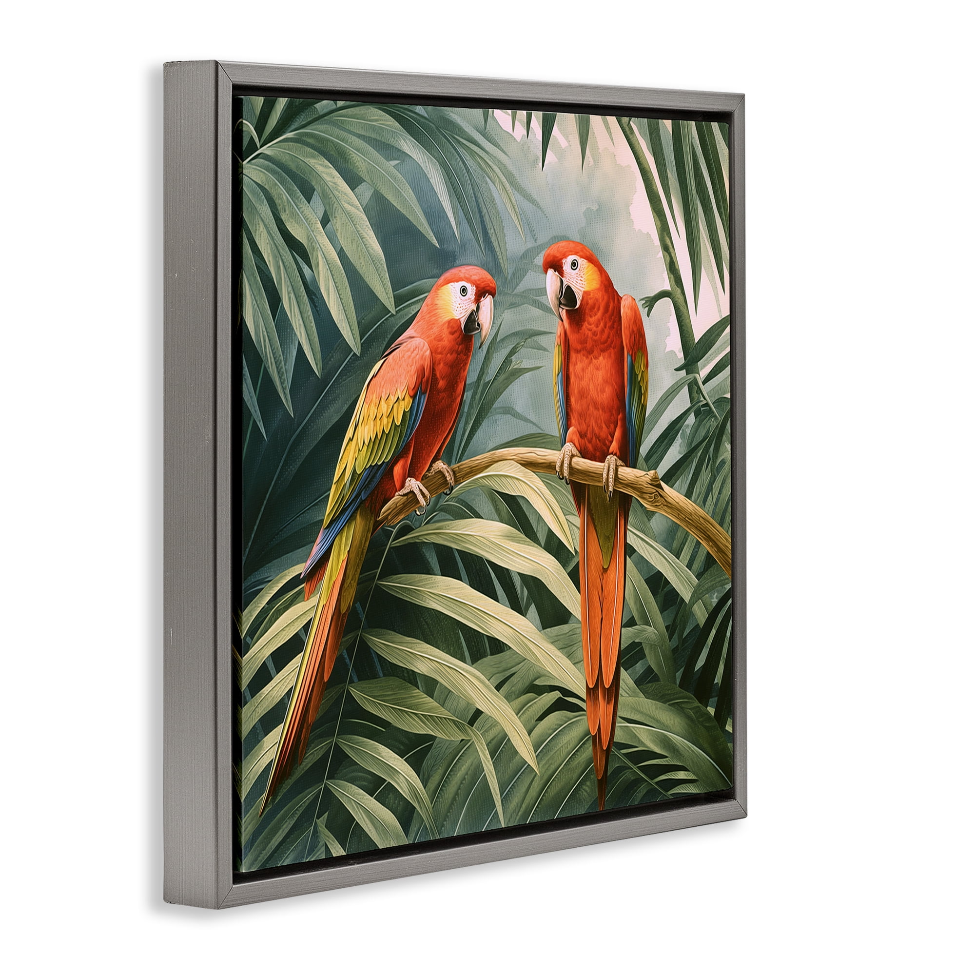 Stupell Industries Parrot Duo in Rainforest Animals Painting Gray Floater Framed Canvas Art Print Wall Art, 18 x 18