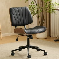 Ktaxon Swivel Office Chair, Armless Curved Wood Accent Desk Chair with PU Upholstered, Black Base Task Chair for Study, Makeup Vanity Black