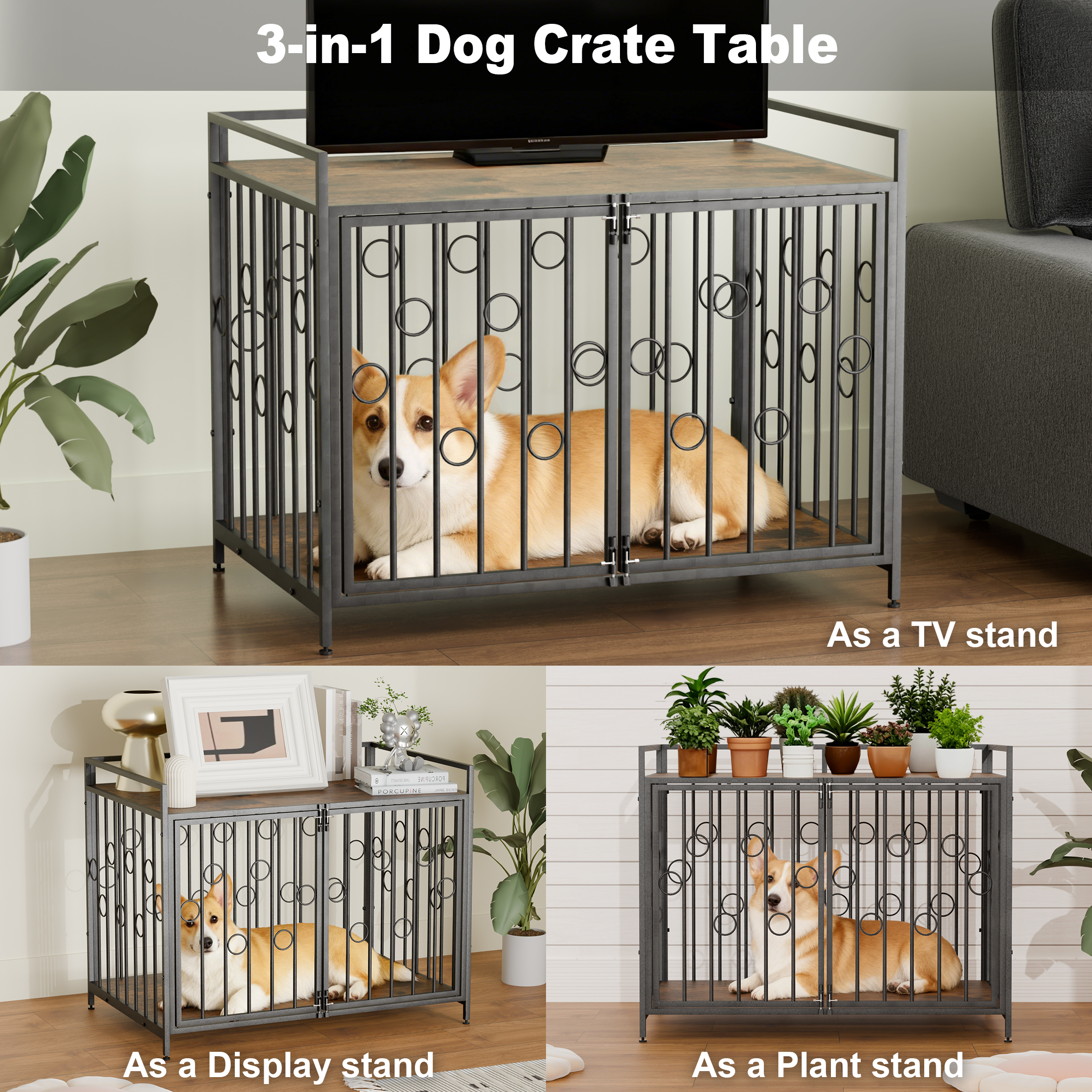TIME RAY Dog Crate Furniture for Small Dog with Double-Doors , Dog Kennel Indoor Decorative Pet House Dog Cage Table, Brown