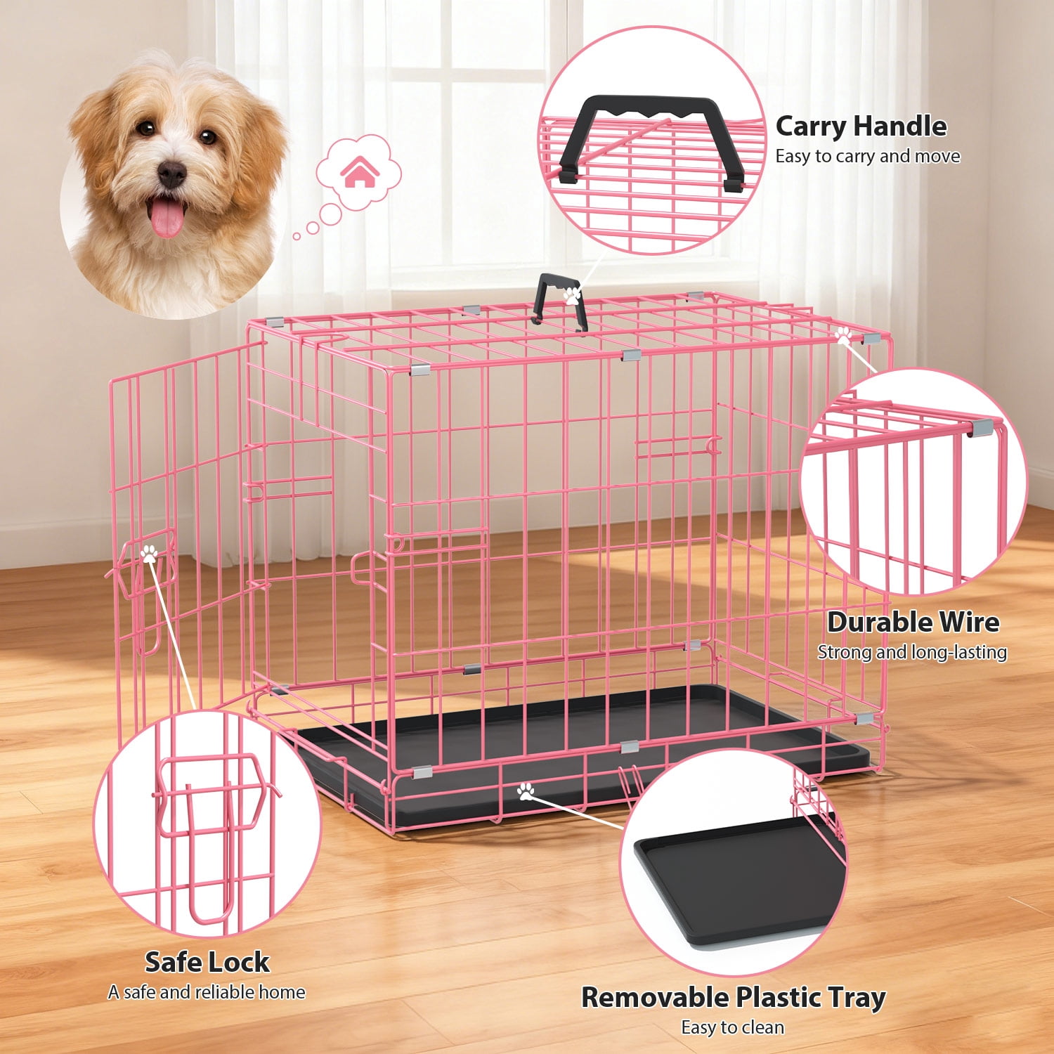 CL.HPAHKL 18 inch Small Dog Crate, Metal Wire Folding Dog Kennel Cage with Leak-Proof Pan, Portable Puppy Crate Cage for Small Dogs, Pink