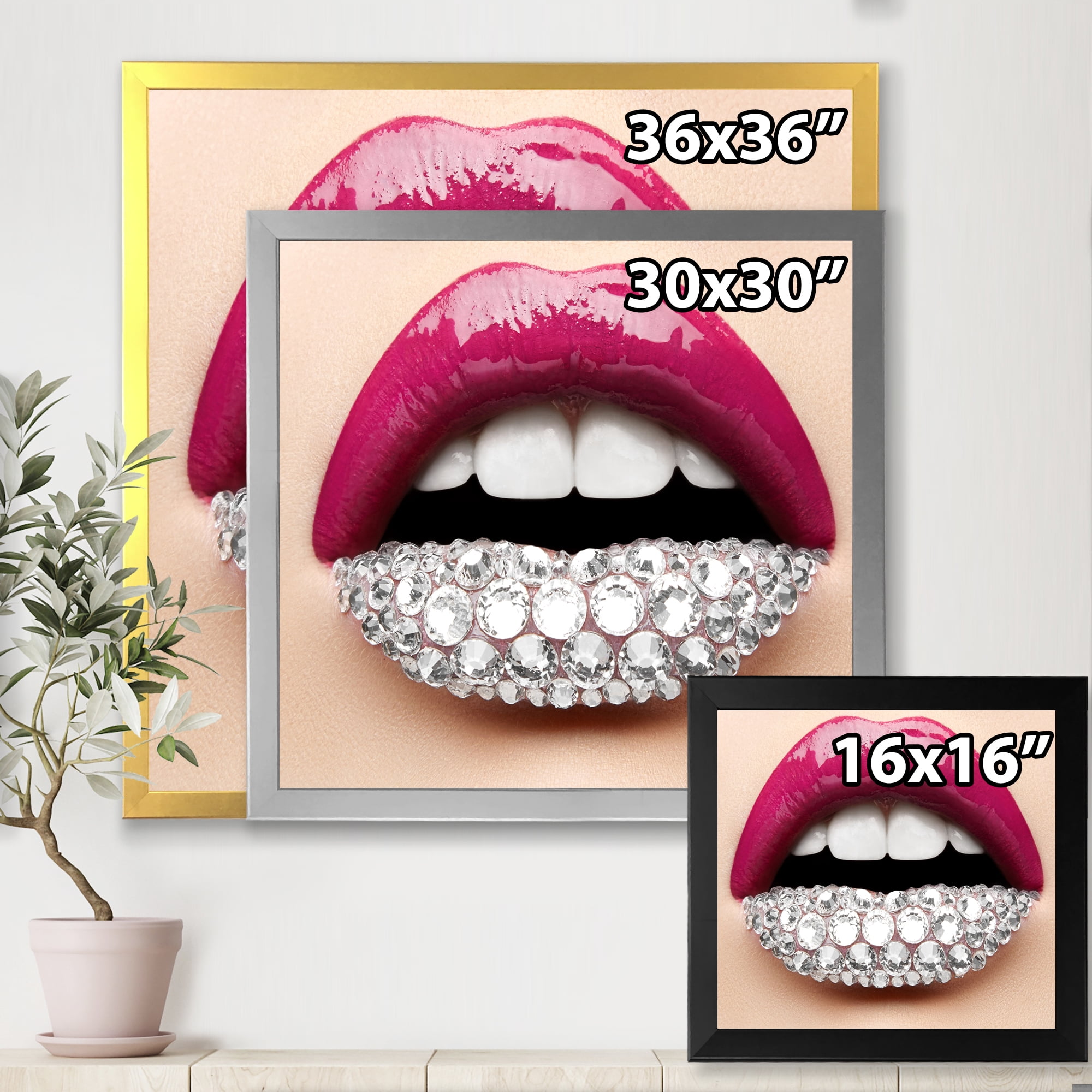 Designart 'Girl Lips With Pink Lipstick White Diamonds' Modern Framed Art Print