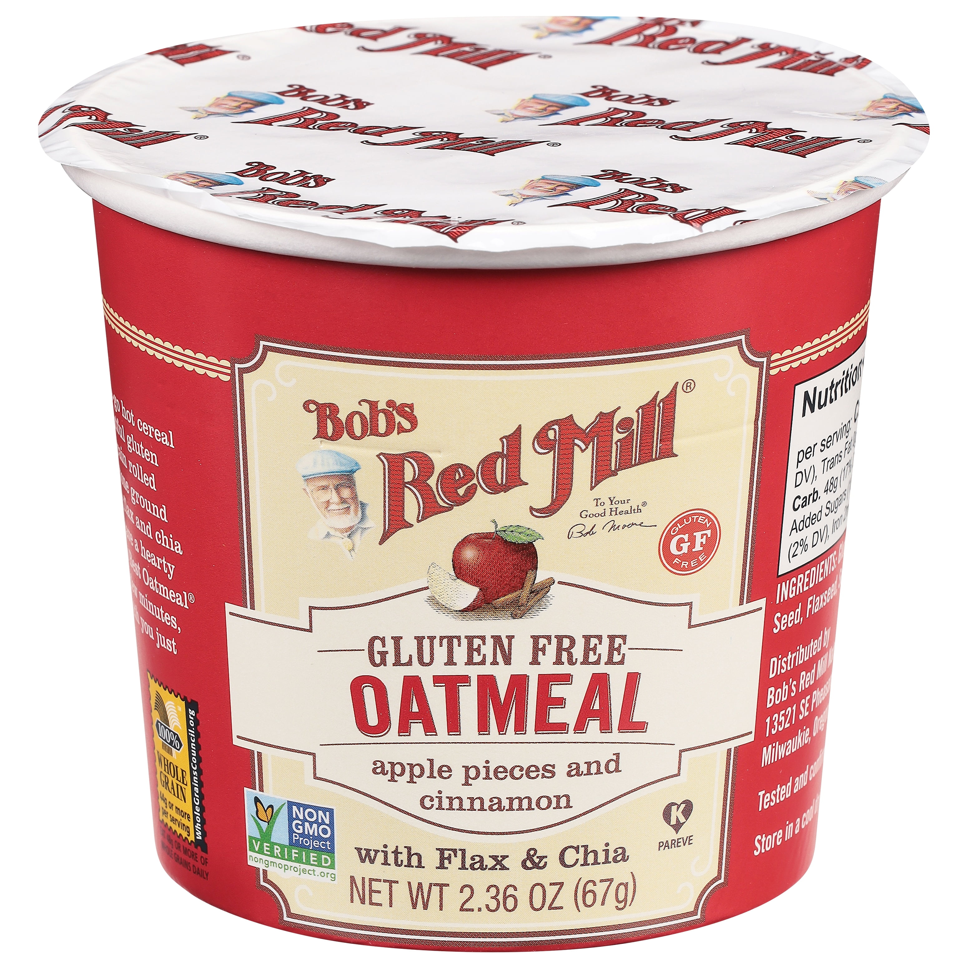 (5 pack) Bob's Red Mill Non-GMO Gluten Free Apple Pieces and Cinnamon Oatmeal with Flax & Chia 2.36 oz Microwavable Cup