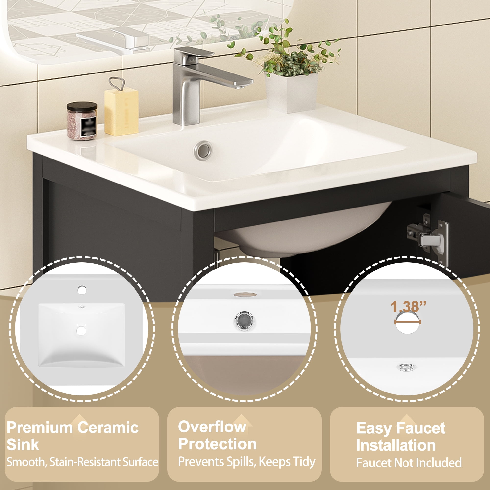 Euroco 20-Inch Modern Bathroom Vanity with Ceramic Sink, Soft-Close Drawer & Door, Double-Layer Door Organizer, Divider Drawer, Adjustable Foot Pads