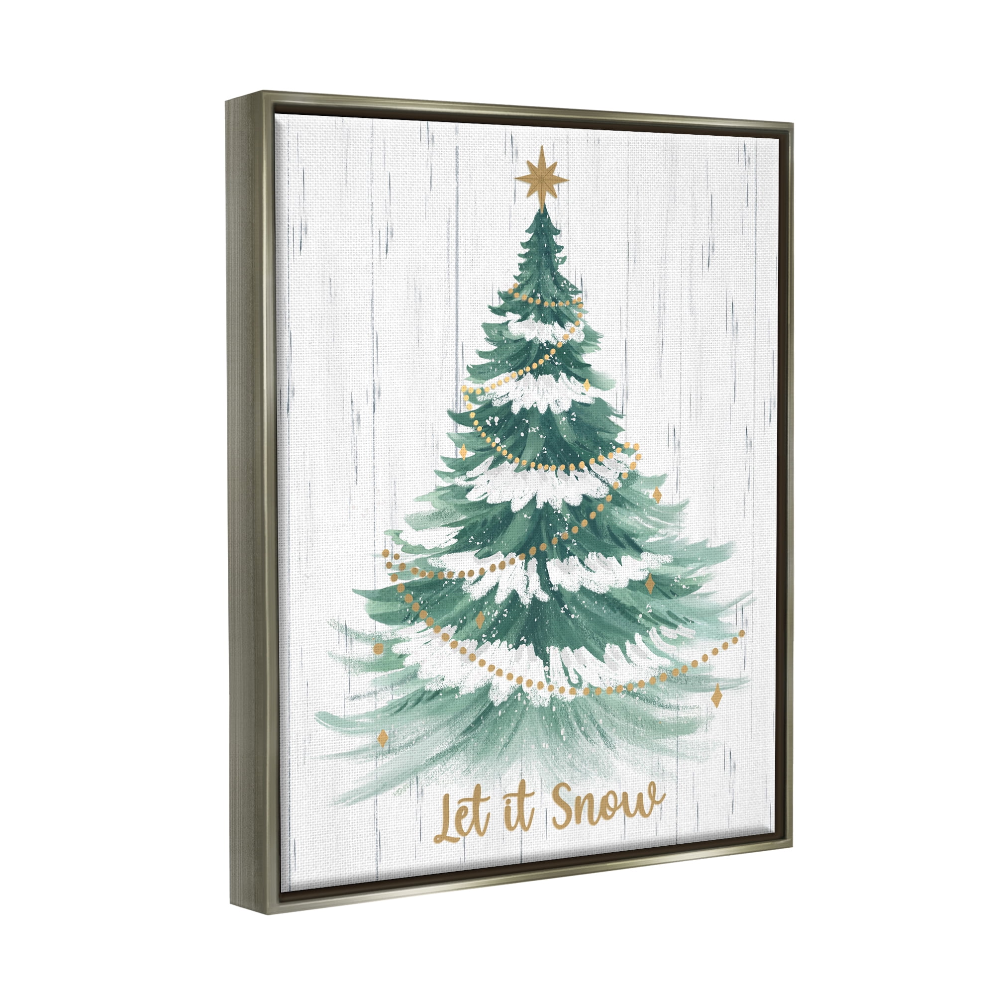 Stupell Industries Let it Snow Rustic Tree Holiday Painting Gray Floater Framed Canvas Art Print Wall Art, 17 x 21