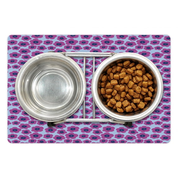 Vibrant Pet Mat for Food and Water, Repetitive Basic Hand Drawn Pink Poppies Purple Tones Print, Non-Slip Rubber Mat for Dogs and Cats, 18" X 12", by Ambesonne