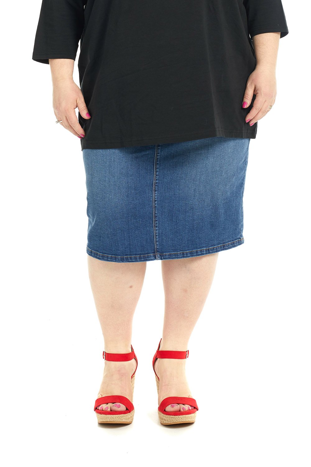 blue jean skirts below the knee