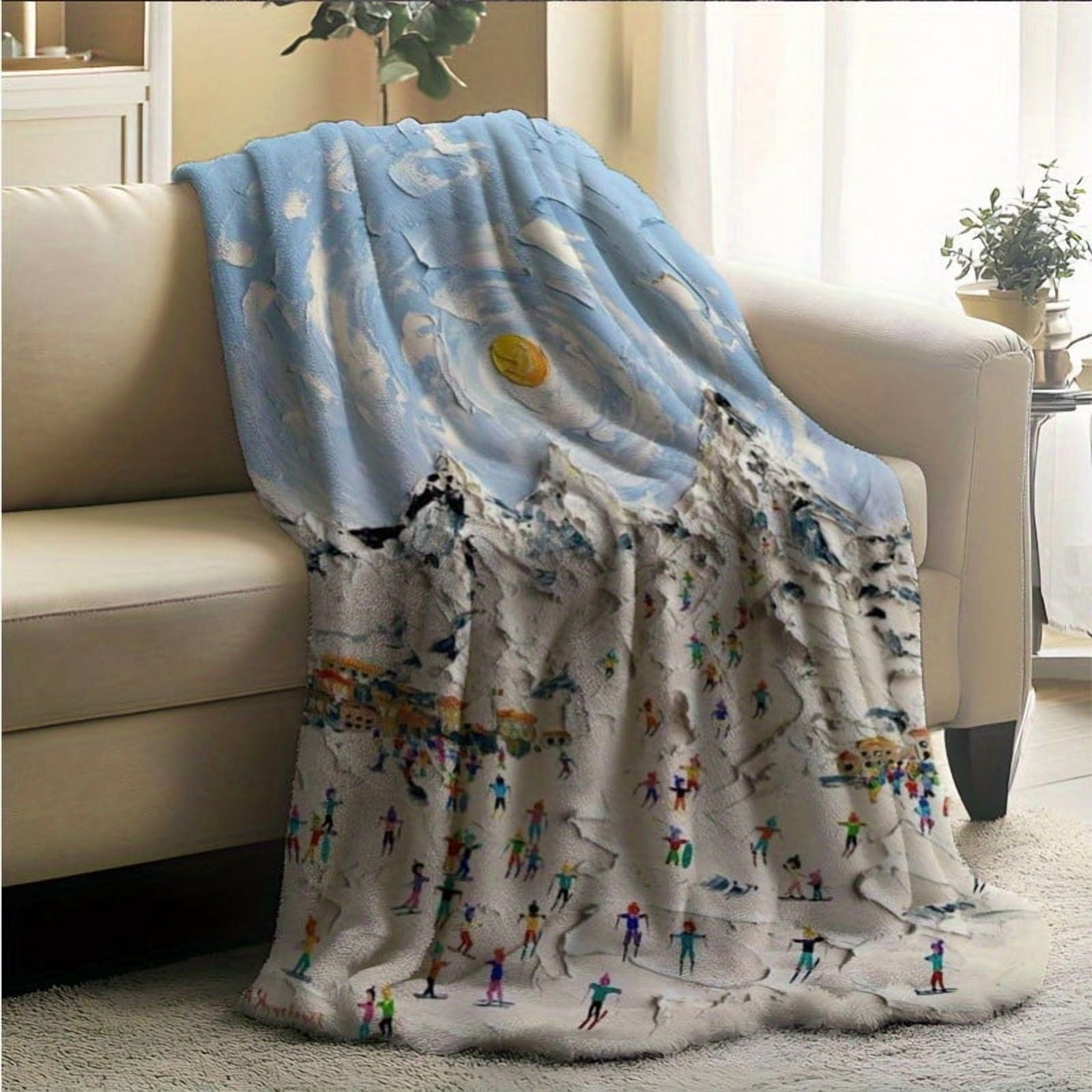 1pc Contemporary Flannel Blanket - Dynamic Skiing Scene with Snow-Capped Peaks & Colorful Skiers, All-Season Soft Warmth, Vibrant Mixed Colors, Perfect Gift for Birthdays, Holidays, Home Decor, Artis