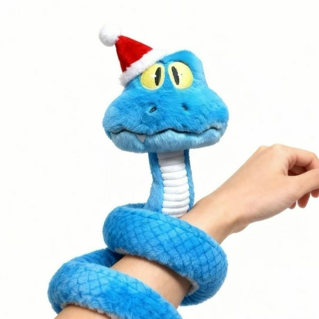 Zootopia Gary Snake Plush Doll in a large 57cm size, featuring a vibrant blue body with a textured scale pattern and a cheerful expression. The plush is shown wrapped around a hand, highlighting its flexible design. It includes a festive red and white Christmas hat, adding a seasonal touch. Made from PP material, this lightweight plush weighs 115g and is ideal for play or display. A perfect collectible or gift for fans of Zootopia.