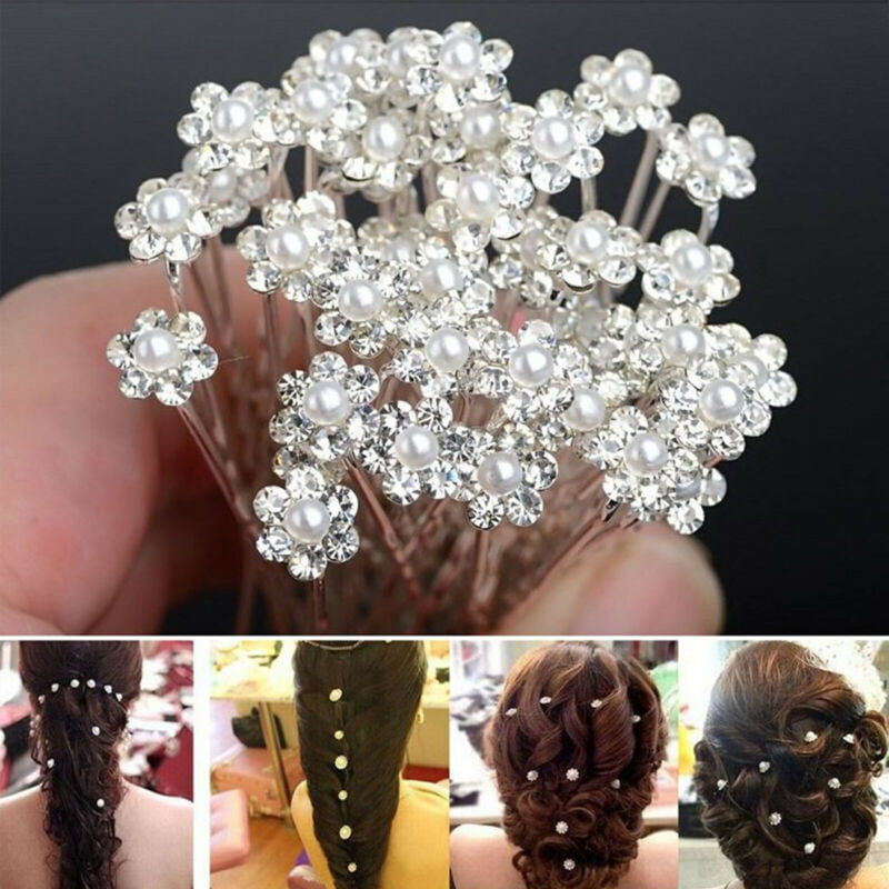 20-40pcs Pearl Flower Diamante Crystal Hair Pins Clips Prom Wedding Bridal Party 