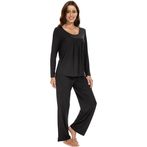 WiWi Long Sleeve Pajamas for Women Sleepwear Crewneck Pajama Sets Soft Loungewear Set with Pockets S-XXL, Black, Small